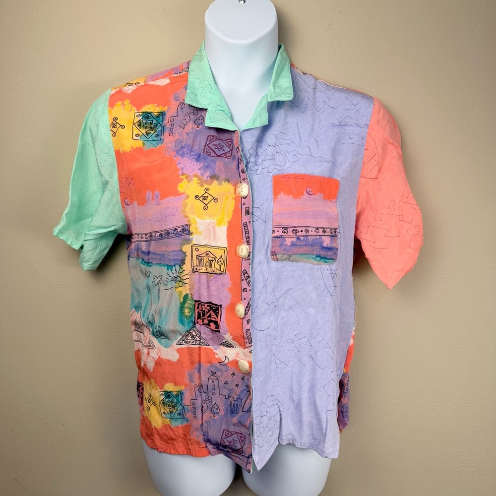 Britany Blu Vintage Patchwork Motif Button Down Short Sleeve Collar Shirt Rare